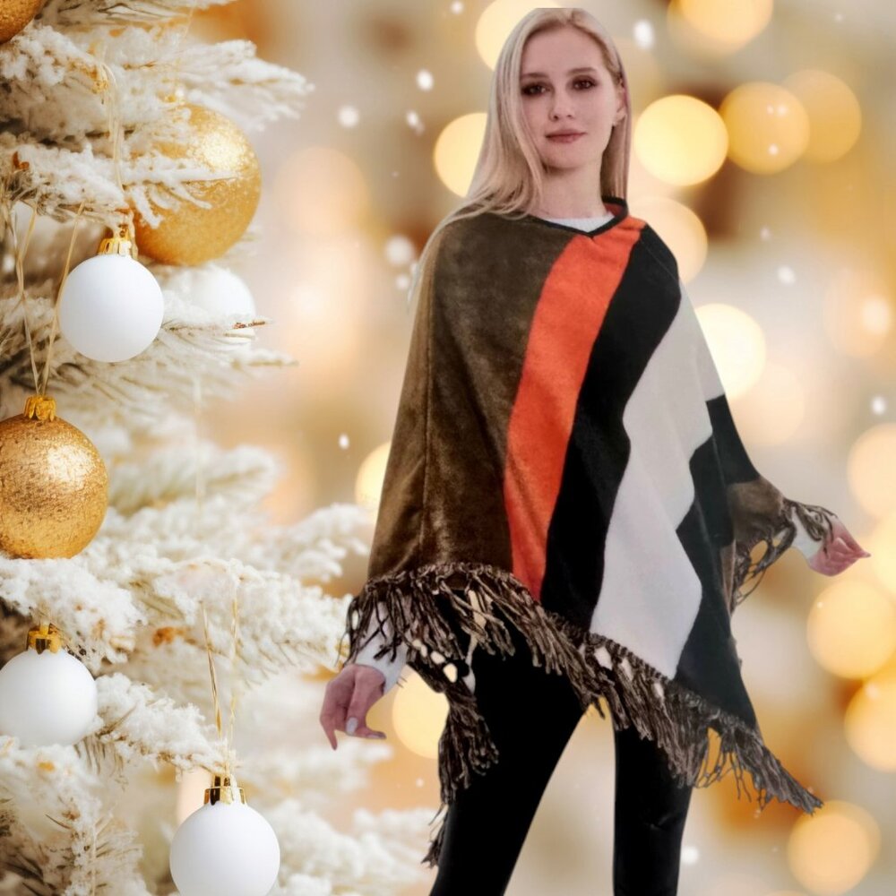 Women's Microfiber Flannel Poncho - Brown/Orange/Black/Beige - LWPON001